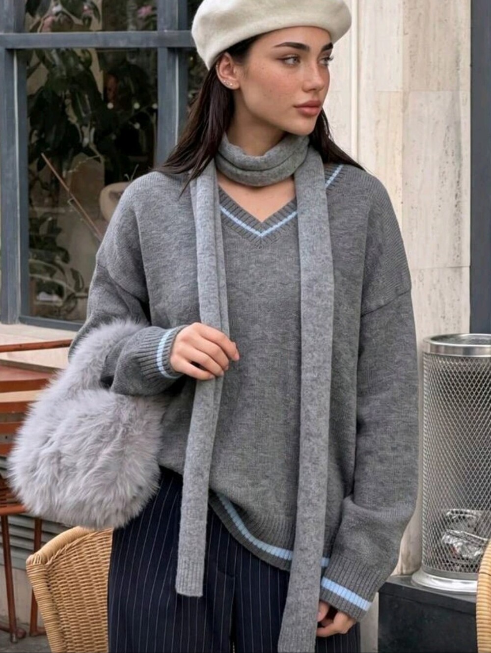 French Trim V-Neck Sweater